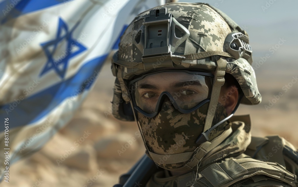 A soldier is standing in front of a flag with a helmet on. The soldier is wearing a camouflage jacket and a mask. The flag is blue and white with a star. The soldier appears to be in a desert setting A soldier is standing in front of a flag with a helmet on. The soldier is wearing a camouflage jacket and a mask. The flag is blue and white with a star. The soldier appears to be in a desert setting