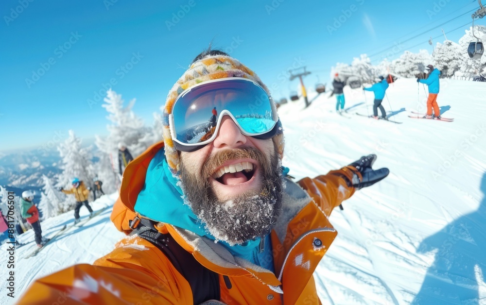 A man with a beard and glasses is smiling while taking a picture of himself on a snowy slope A man with a beard and glasses is smiling while taking a picture of himself on a snowy slope