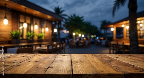 empty wooden table top with Restaurand Background for product display