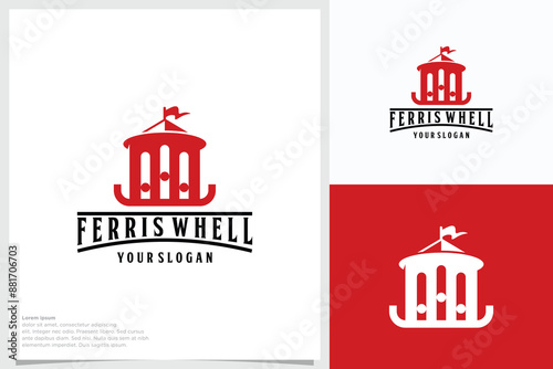 Retro Ferris Wheel with Fun Circus Park Logo Design Set of ferris wheel line icons vector of park festival carousel rides. Carnival fairground carousel rides sign for design.