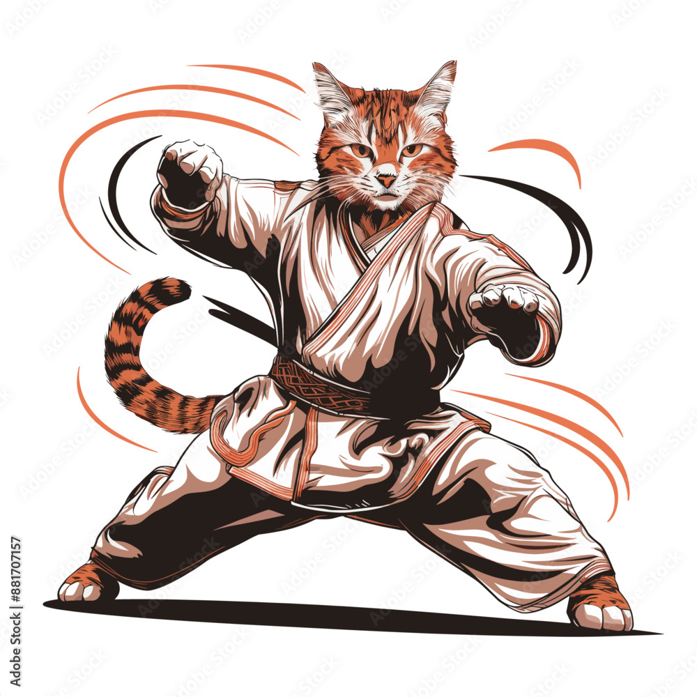 Illustration of a cat mastering kung fu, generative ai Illustration of a cat mastering kung fu, generative ai