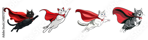 Cat wearing a red cape and soaring through the air, Illustration set, generative ai