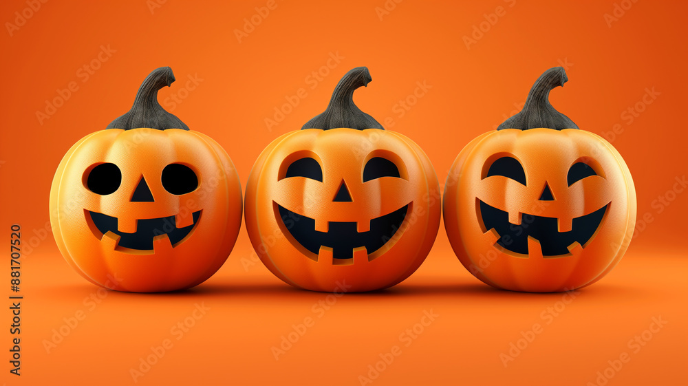 Happy Halloween with 3d Jack-o-Lantern pumpkins on orange background Happy Halloween with 3d Jack-o-Lantern pumpkins on orange background