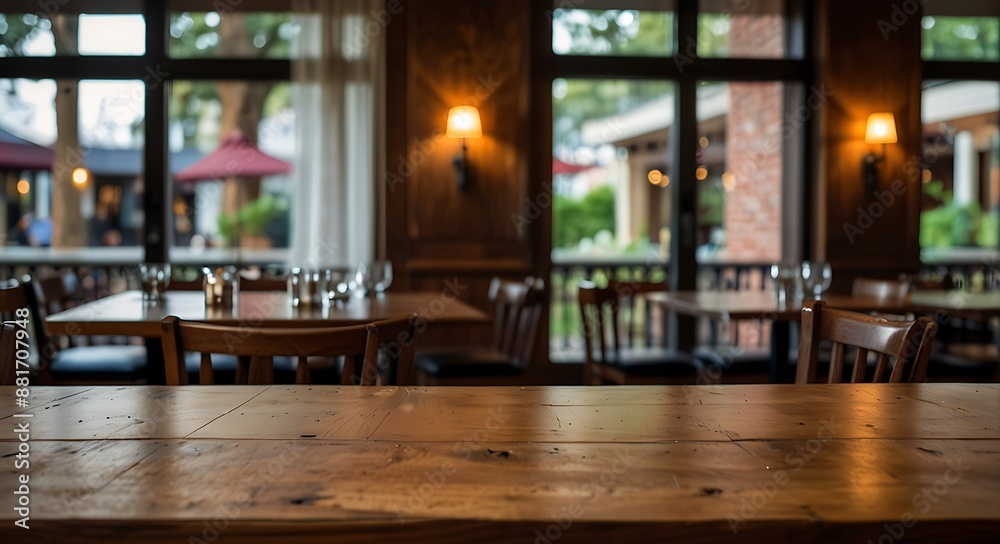 empty wooden table top with Restaurand Background for product display empty wooden table top with Restaurand Background for product display