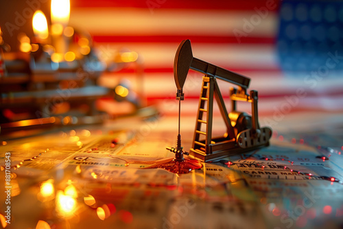 A Miniature Oil Rig Reflects on a Sea of Coins Against an American Flag photo