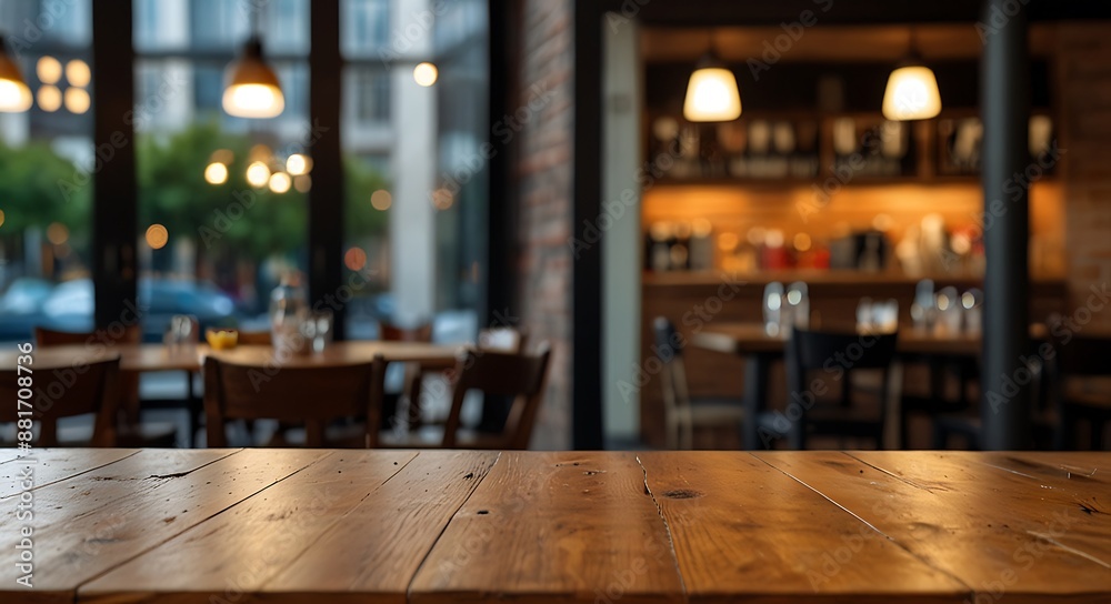 empty wooden table top with Restaurand Background for product display empty wooden table top with Restaurand Background for product display
