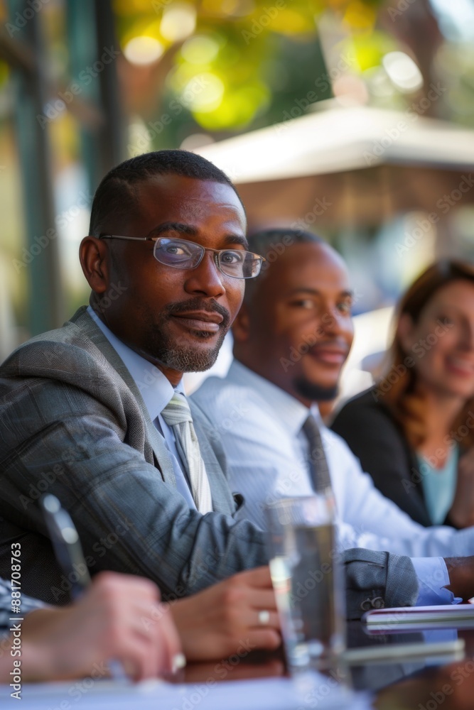 Business professionals in meeting with man in foreground focus Business professionals in meeting with man in foreground focus