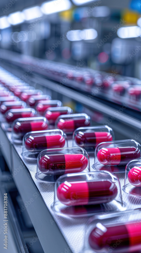 Obraz premium A conveyor belt with many red pills in clear plastic containers