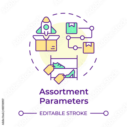 Assortment parameters multi color concept icon. Retail strategy. Mix of different products. Marketing. Round shape line illustration. Abstract idea. Graphic design. Easy to use in presentation