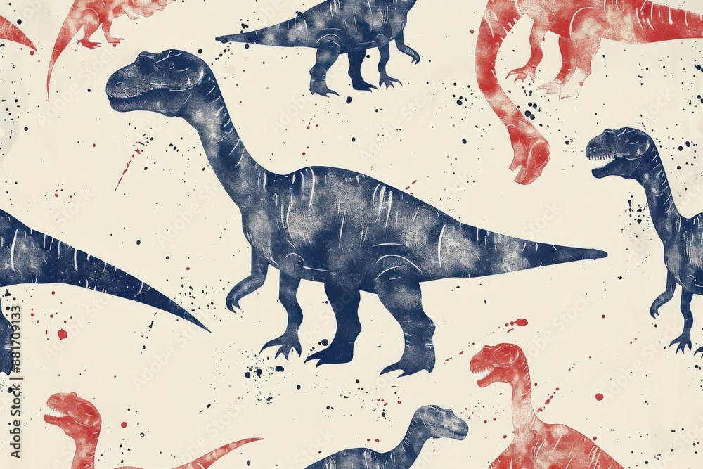 Naklejka premium Vintage silhouette dinosaurs in contrasting red and blue design