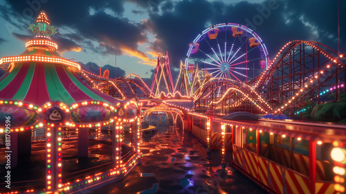 A amusement park with roller coasters, Ferris wheels, and colorful carnival rides, all lit up with bright, festive lights against a twilight sky