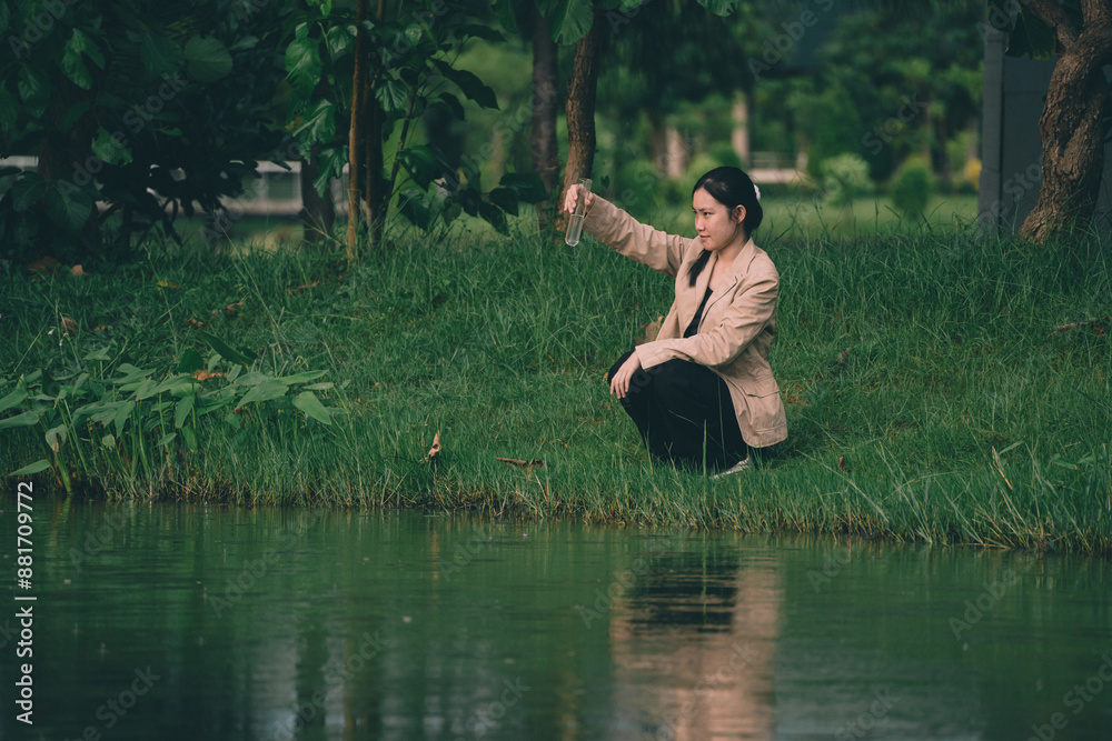 The woman conducted outdoor biology research, using a test tube in the field to perform chemical analysis, demonstrating the practical application of science. The woman conducted outdoor biology research, using a test tube in the field to perform chemical analysis, demonstrating the practical application of science.