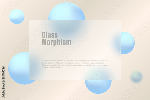 Website landing page template in glass morphism style. Frosted glass plate with floating blue spheres.