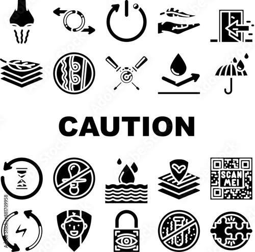 product caution label warning icons set vector. odor control, reversible, automatic shut down, lightweight, indoor use only product caution label warning glyph pictogram Illustrations