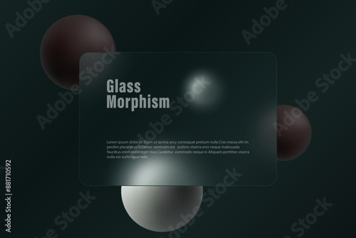 Modern glass morphism design. Spheres and glass panel.