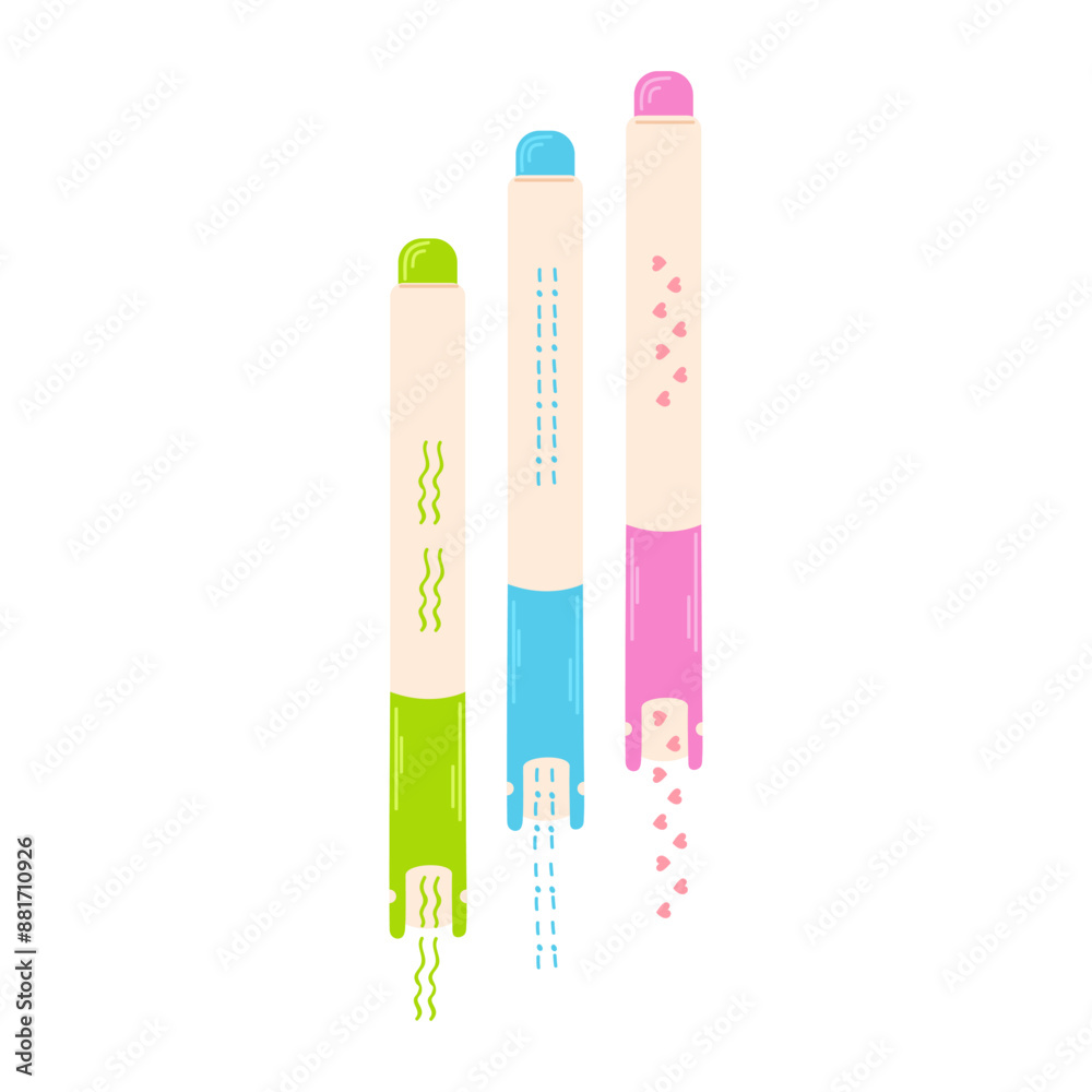 Set of colorful pens with different patterns, cute universal color pen for student,children's drawing,for school supplies and stationery.Vector back to school Set of colorful pens with different patterns, cute universal color pen for student,children's drawing,for school supplies and stationery.Vector back to school