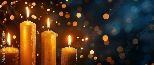 Golden candles casting a warm glow against a dark backdrop, providing space for text, symbolizing themes of sorrow, lamentation, or the holiday season with a somber yet hopeful ambiance. photo