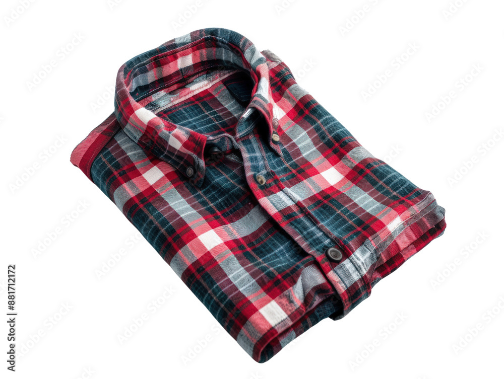 Folded red and green plaid shirt on white background, casual wear, ready for use, perfect for fashion and casual lifestyle concepts.