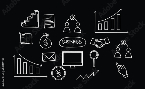 Business idea, startup doodle line icon set. Hand drawn doodle