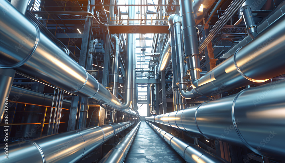 Steel pipelines and cables in factory interior as chemical industry background concept Steel pipelines and cables in factory interior as chemical industry background concept