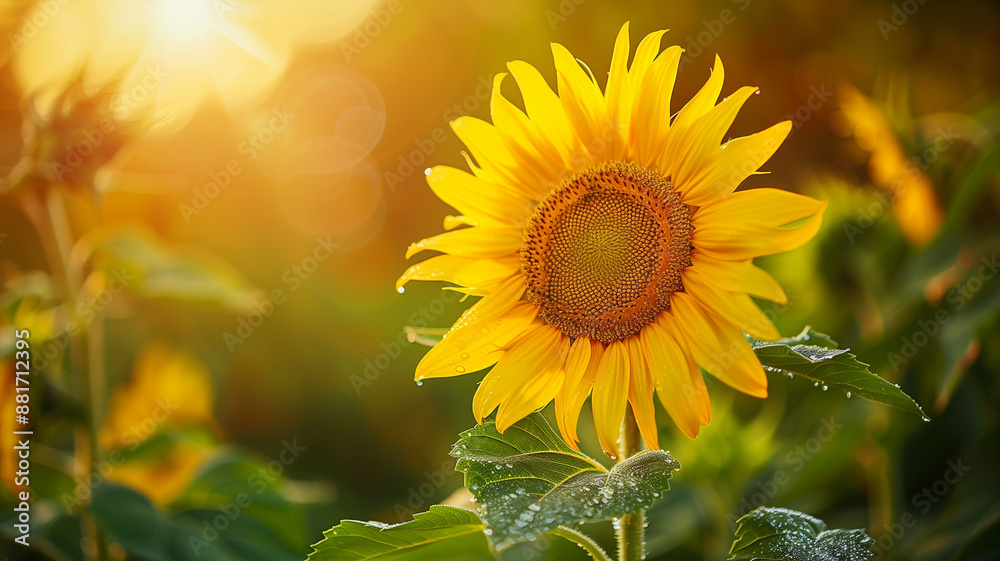 Fototapeta premium A yellow sunflower, broad green leaves, and dew drops on it, blurred background, shallow depth of field, macro photography, natural light, high-definition photography, rustic style, 