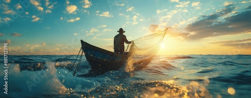 Southeast Asian local fisherman casting net into the ocean with water splash against sunlight, simplicity lifestyle  photo