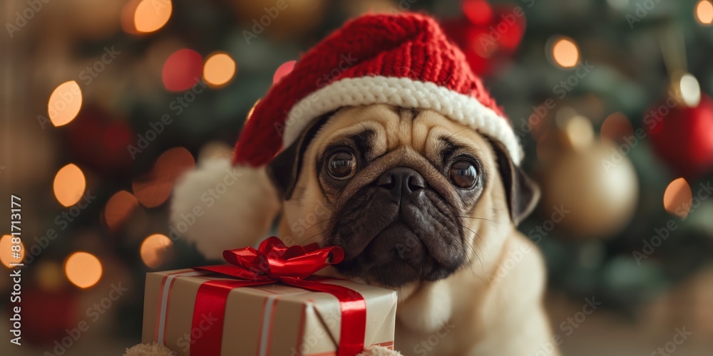 A cute pug dog wearing Christmas cap holding gift box with Christmas tree as background, celebrate Christmas with your pet concept A cute pug dog wearing Christmas cap holding gift box with Christmas tree as background, celebrate Christmas with your pet concept