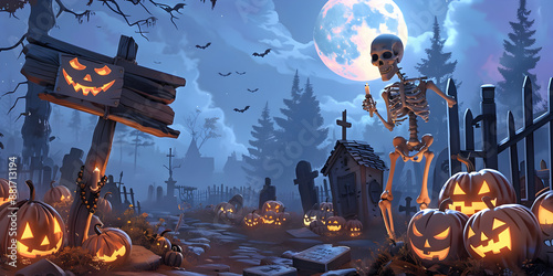 Wallpaper Mural Skeletons and Glowing Pumpkins in a Haunted Graveyard   Classic Spooky Halloween Night Under Full Moon with Eerie Atmosphere Torontodigital.ca