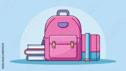 A pink backpack with two front pockets and straps, sitting next to a stack of pink books on a light blue background