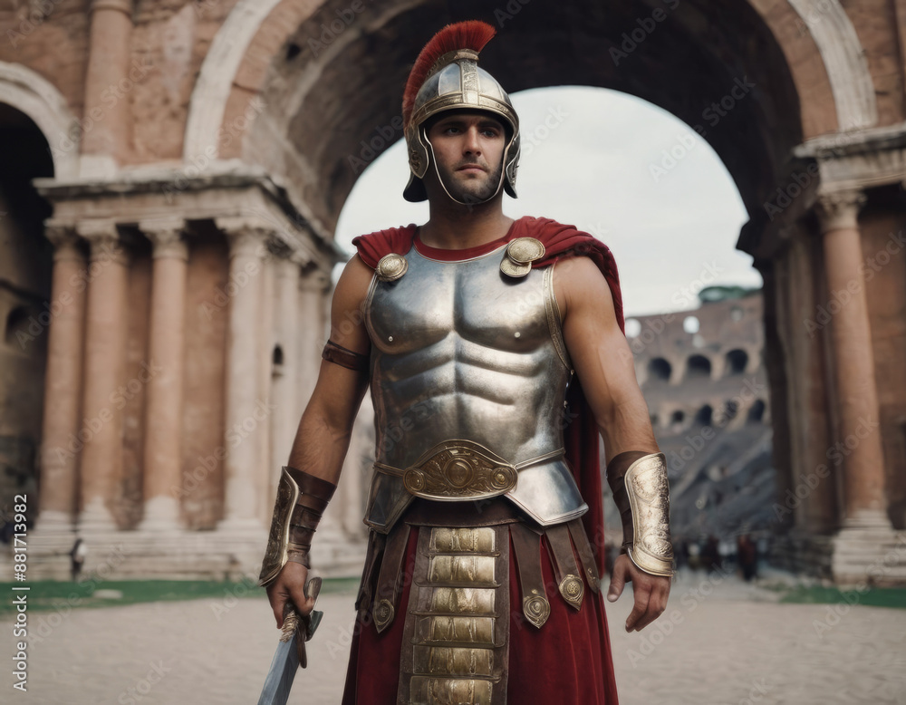 Il gladiatore al centro del Colosseo, l'armatura brilla al sole. Il gladiatore al centro del Colosseo, l'armatura brilla al sole.