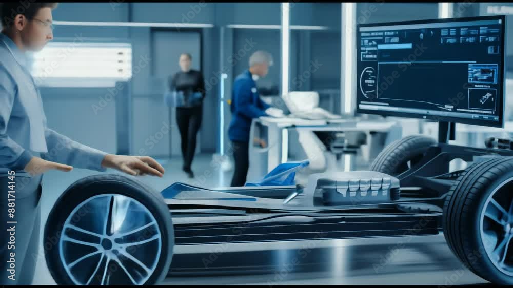 A professional engineer stands in a high tech development laboratory working on a computer with 3D CAD software and testing a prototype electric car chassis. A professional engineer stands in a high tech development laboratory working on a computer with 3D CAD software and testing a prototype electric car chassis.