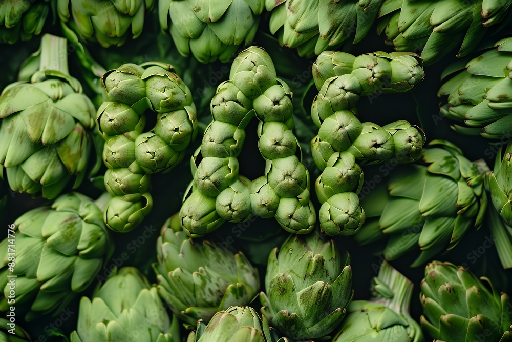 A pile of green artichokes shaped like the letter, viewed from above in closeup, with a macro lens highlighting the texture in bright colors against a fresh, vibrant background in a symmetrical compos A pile of green artichokes shaped like the letter, viewed from above in closeup, with a macro lens highlighting the texture in bright colors against a fresh, vibrant background in a symmetrical compos