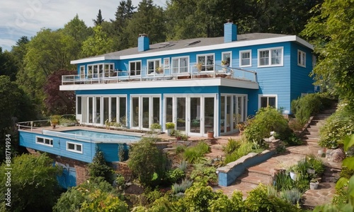 A large blue house with a pool and a garden