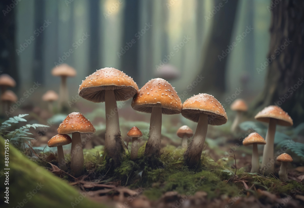 Fototapeta premium Close-up of a mystical mushrooms emerge in magical forest, blurred background