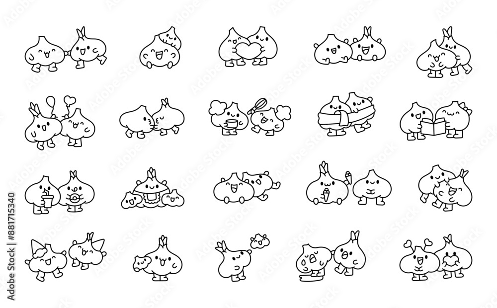 Cheerful garlic couple with funny faces. Coloring Page. Cute cartoon vegetable friends. Hand drawn style. Vector drawing. Collection of design elements. Cheerful garlic couple with funny faces. Coloring Page. Cute cartoon vegetable friends. Hand drawn style. Vector drawing. Collection of design elements.