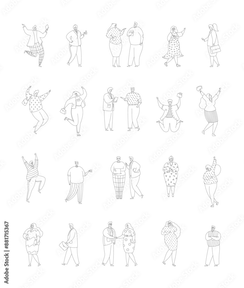 Business team characters at a meeting. Coloring Page. Office employees in suits. Hand drawn style. Vector drawing. Collection of design elements.