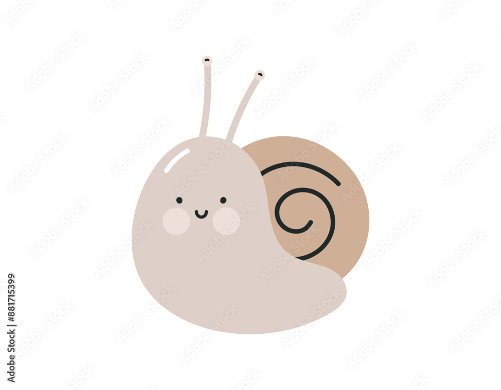 Cute snail. Flat cartoon vector illustration isolated on white background. For card, posters, banners, printing on the pack, printing on clothes, fabric, wallpaper, textile or dishes.