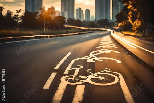 Bicycle way on the side of main road with vintage warm light, trafic symbol concept