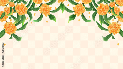 金木犀　素材　枠　飾り　水彩画　秋の花　和柄　市松模様　文様　和風　庭木　見出し　表紙　行楽　レジャー　ポスター　16:9