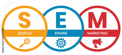 SEM - Search Engine Marketing acronym, Concept with keywords, letters and icons. Colored flat vector illustration. Isolated on white background.