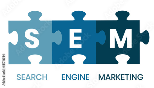 SEM - Search Engine Marketing acronym, Concept with keywords, letters and icons. Colored flat vector illustration. Isolated on white background.