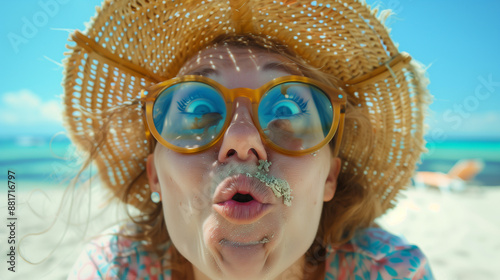 Sure! Here are two revised titles:

1. A funny woman enjoying the beach in a playful portrait.
2. A humorous beach portrait featuring a woman having fun.