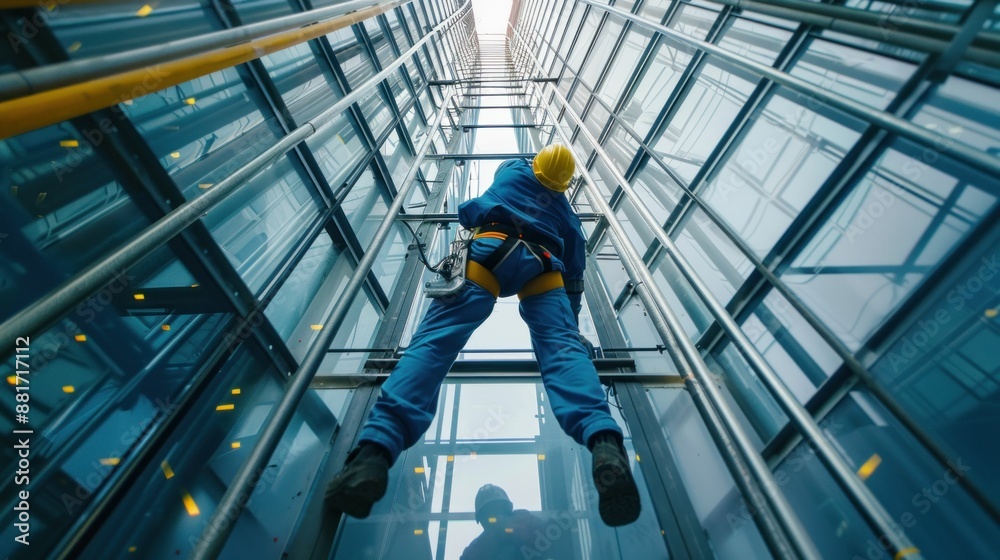 Man performing dangerous work on tall city building wearing safety harness on the edge in urban settings