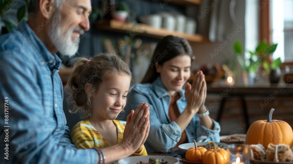 Obraz premium Family Praying Before Thanksgiving Dinner
