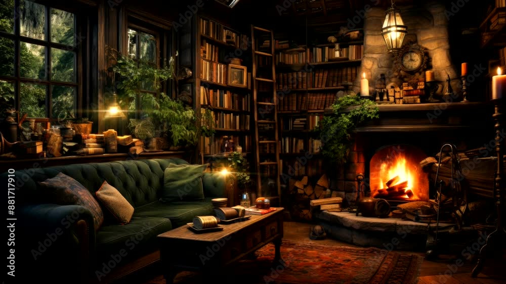 Cozy library room with a burning fireplace surrounded by plants and books. Interior design concept