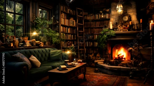 Cozy library room with a burning fireplace surrounded by plants and books. Interior design concept