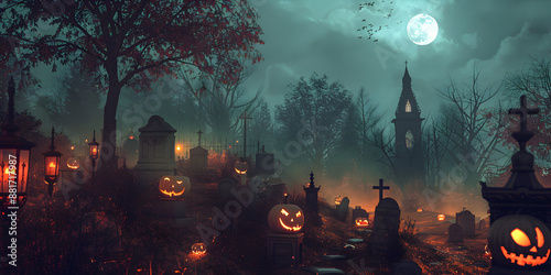 Wallpaper Mural Haunted Graveyard with Glowing Jack-O'-Lanterns  Spooky Halloween Night Under Full Moon with Eerie Atmosphere Torontodigital.ca