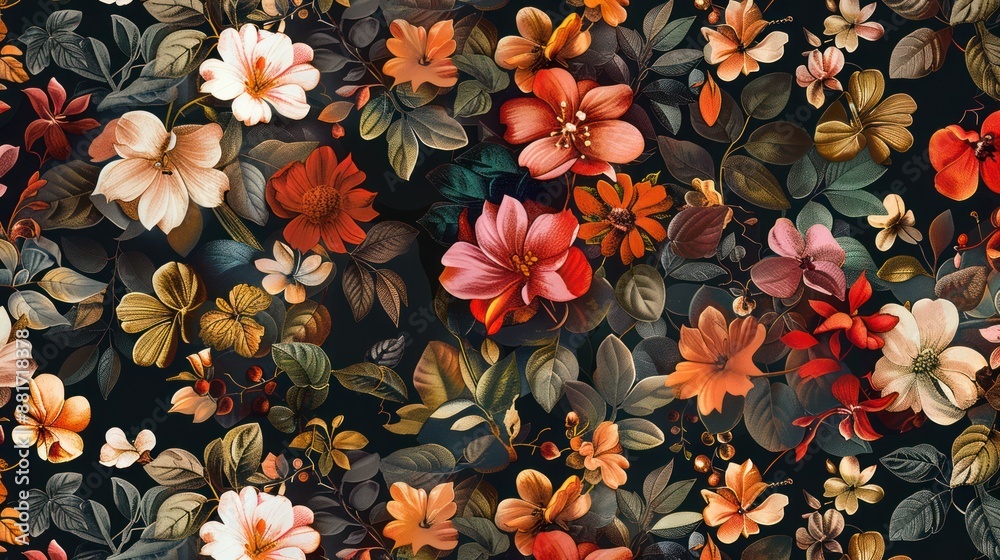 A floral patterned background with a variety of flowers and leaves. The colors are bright and vibrant, creating a lively and cheerful atmosphere A floral patterned background with a variety of flowers and leaves. The colors are bright and vibrant, creating a lively and cheerful atmosphere