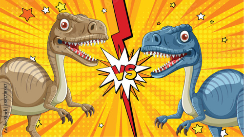 Two dinosaurs face off in a comic style