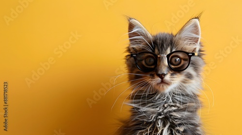 Adorable fluffy kitten wearing glasses, posing against a vibrant yellow background. Perfect for pet lovers and quirky animal lovers. photo